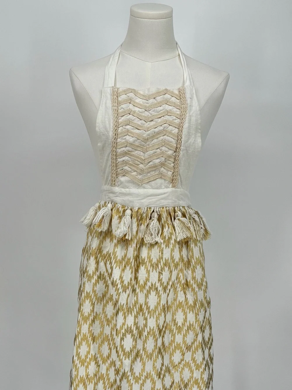 Max Studio Home Boho Cream Gold Metallic Ikat Apron with Tassels and Chevron Bib